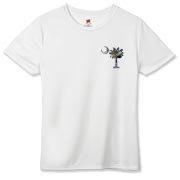 Buy an Earth and Moon Palmetto Hanes Women's Cool Dri T-shirt featuring a smaller palmetto printed on the left chest area with a photo of the Earth and Moon in the background. The palmetto moon is a symbol of South Carolina pride.