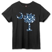 Buy a Blue Polka Dot Palmetto Moon Hanes Women's Cool Dri T-shirt that features a blue palmetto moon with white polka dots.