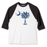 Blue Polka Dot Palmetto Moon Baseball Jersey features a blue palmetto moon with white polka dots and is a fun variation on the South Carolina flag palmetto logo.