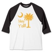 Say hello with the Yellow Hey Y'all Palmetto Moon Baseball Jersey. It features the South Carolina palmetto moon.