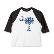 Blue Polka Dot Palmetto Moon Kids Baseball Jersey features a blue palmetto moon with white polka dots and is a fun variation on the South Carolina flag palmetto logo.
