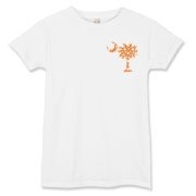 Orange Polka Dot Palmetto Moon Women's T-Shirt features a small orange palmetto moon with white polka dots printed in the pocket area.