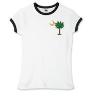 Celebrate a Palmetto Christmas in South Carolina with a Christmas Palmetto Moon T-Shirt, Sweatshirt, or other apparel item. This version features a pocket sized version of the Christmas Tree Palmetto.