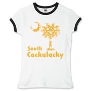 Yellow Polka Dots South Cackalacky Palmetto Moon Women's Fitted Ringer Tee features a Polka Dot South Carolina palmetto moon logo in yellow.