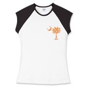 Orange Polka Dot Palmetto Moon Women's Fitted Cap Sleeve Tee features a small orange palmetto moon with white polka dots printed in the pocket area.