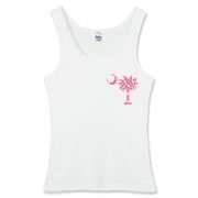 Pink Polka Dot Palmetto Moon Women's Fitted Tank Top features a small pink palmetto moon with white polka dots printed in the pocket area.