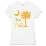 Say hello with the Yellow Hey Y'all Palmetto Moon Women's Fitted Fine Jersey Tee. It features the South Carolina palmetto moon.